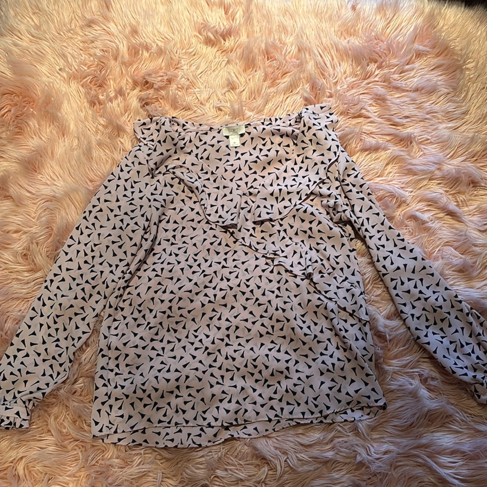 Pink /black LOFT blouse with ruffled neckline